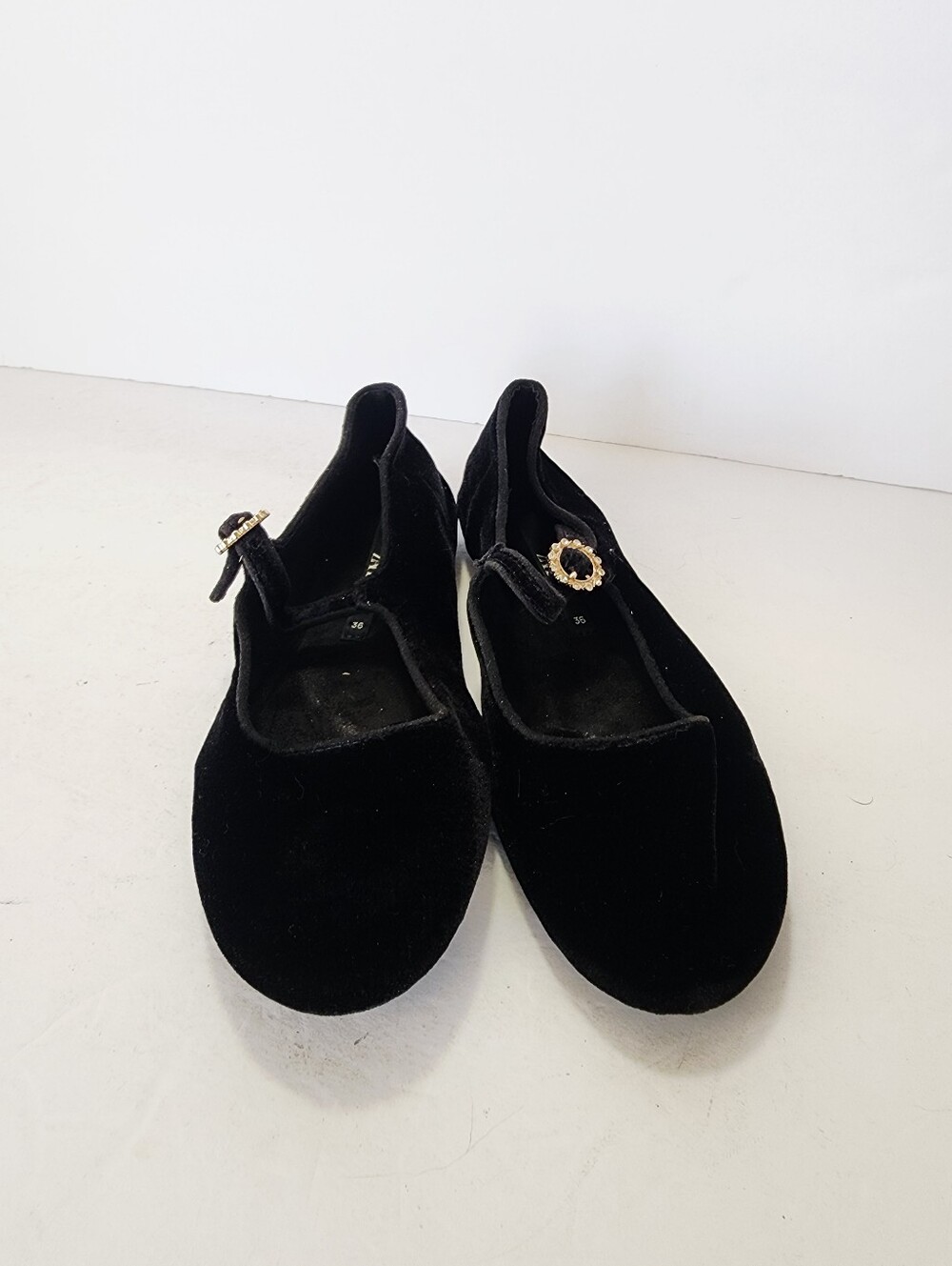 Zara Black Velvet Mary Jane Flats with Decorative Gold-Tone Buckle - Picture 4 of 9